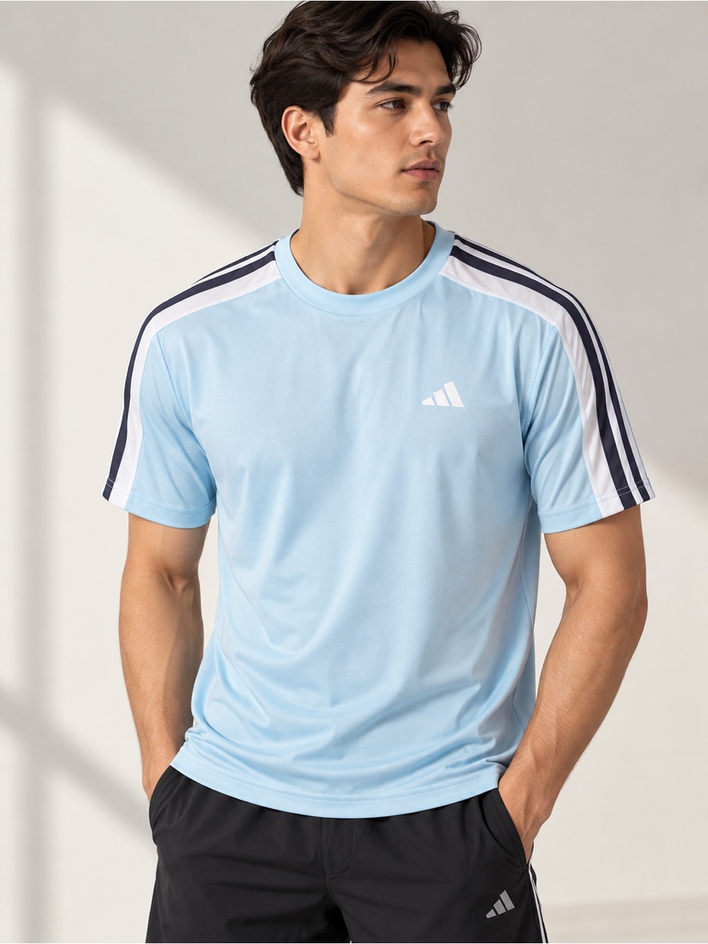 adidas Light Blue Short-Sleeve Athletic Tee with Navy Stripes